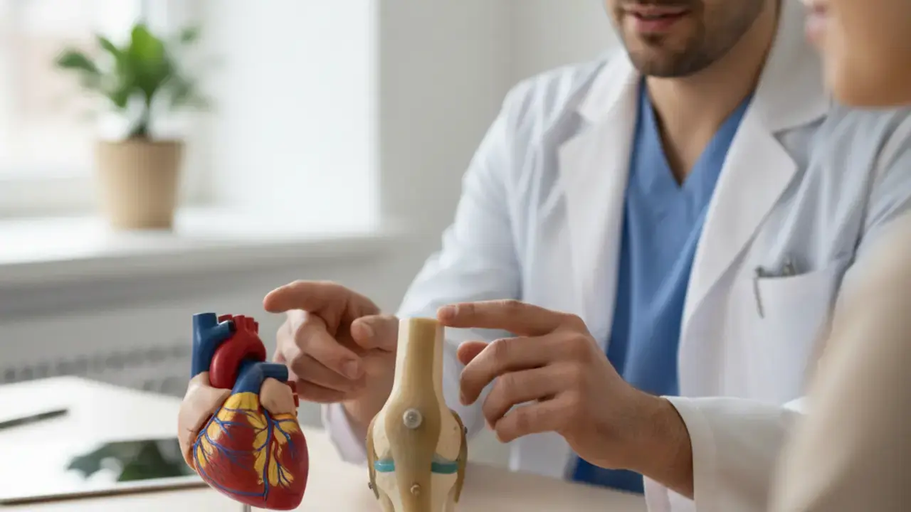 Médico avaliando paciente durante um check-up preventivo para a saúde do coração e das articulações.