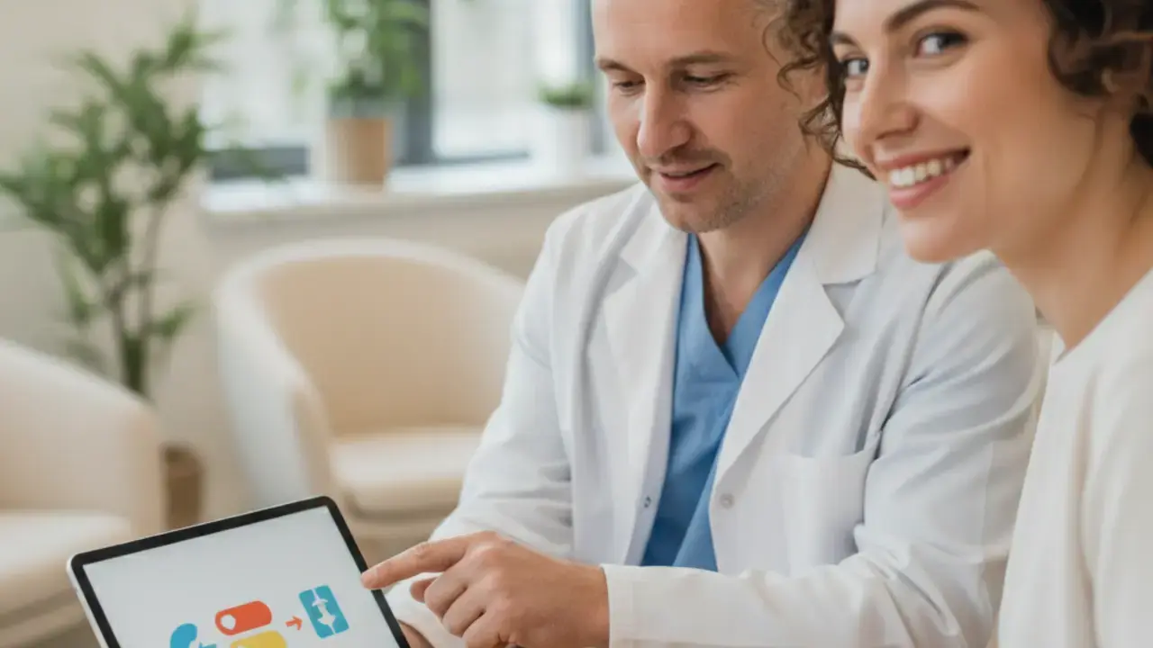 Médico explicando um roteiro de tratamento claro e prático para o paciente, facilitando a adesão às orientações médicas.