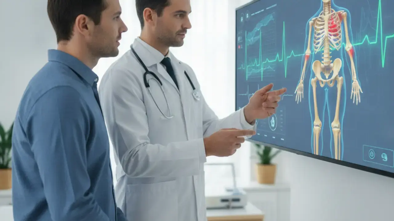 Profissionais da Clínica Movicor em Curvelo utilizando tecnologia para diagnóstico integrado de cardiologia e ortopedia.