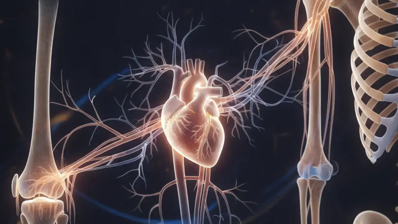 Coração e articulações se interligando, representando a abordagem de saúde integrada entre cardiologia e ortopedia para o bem-estar geral.