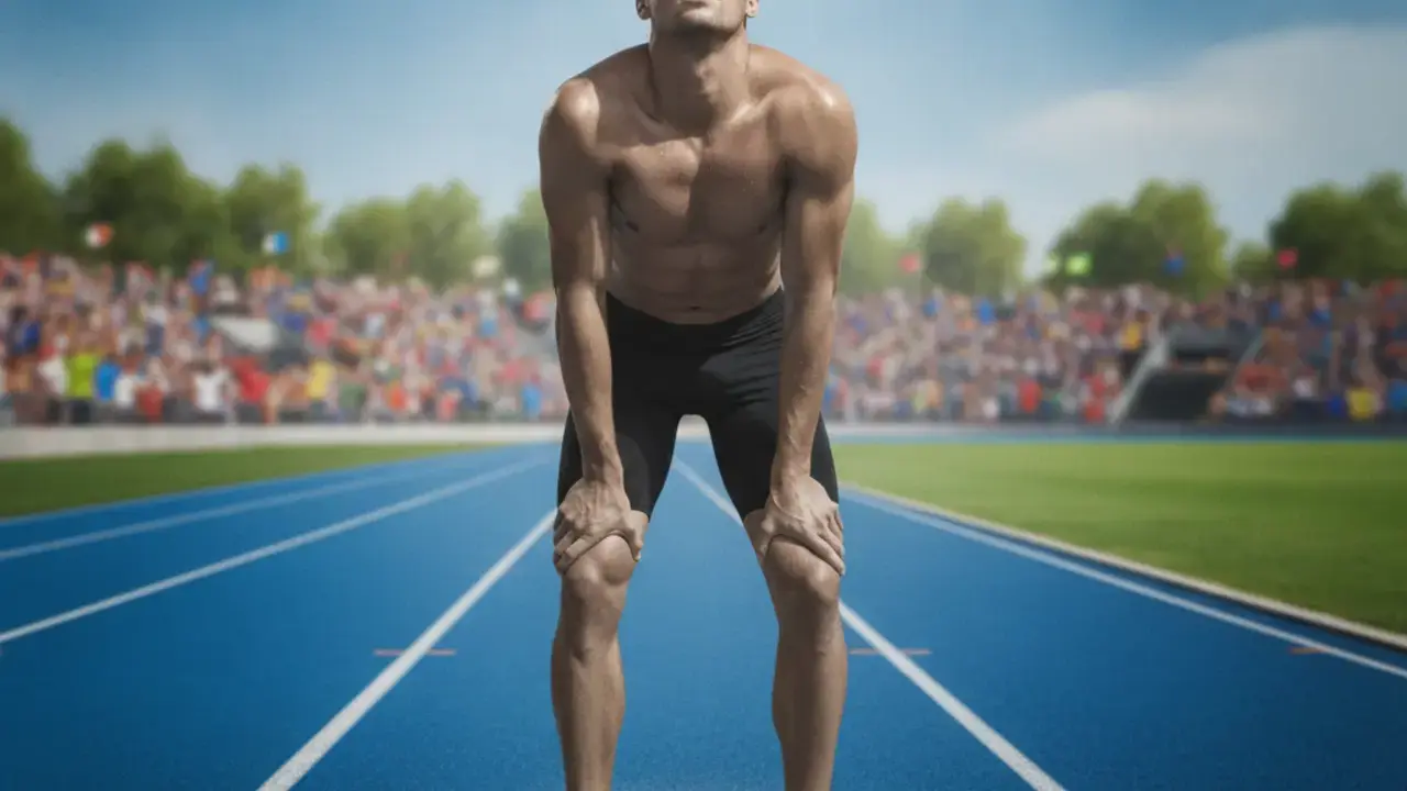 Atleta com dor no joelho e fadiga, simbolizando como a saúde cardiovascular deficiente pode limitar o desempenho físico e causar dores articulares.